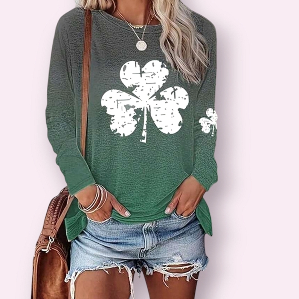 SHEIN | Women's gray and green ombre Lucky clover print long-sleeve shirt.